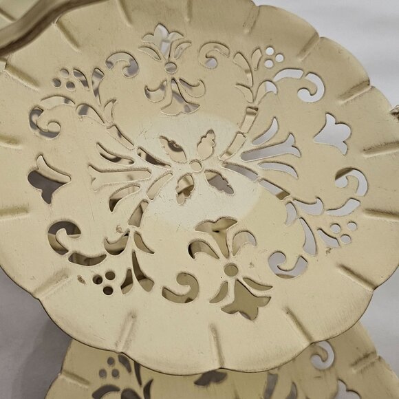 Serving Tray 3 Tier vtg cream punched metal filigree folding snack sample appeti - Picture 10 of 10